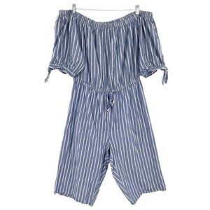 Blush Blue Striped Off-Shoulder Jumpsuit Cropped Wide Leg Romper